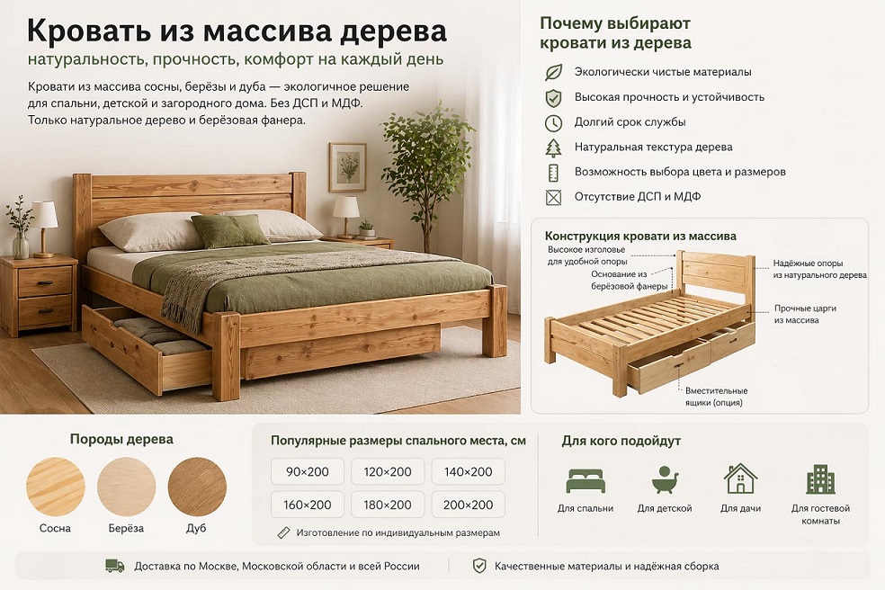 Кровать из массива дерева: преимущества, материалы и размеры