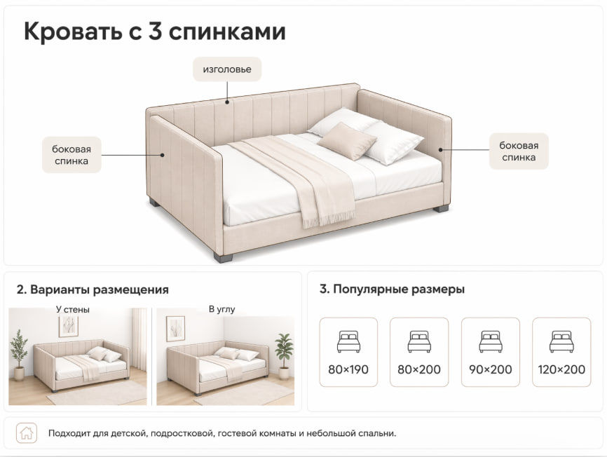 Кровать с 3 спинками &mdash; размеры и варианты размещения