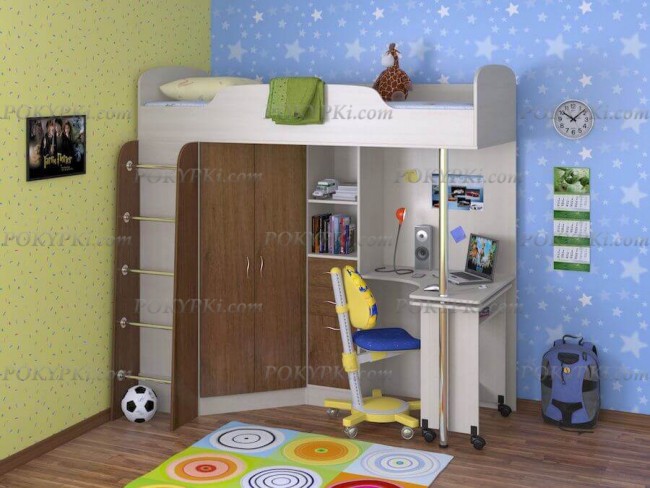 Кровать-чердак Теремок-1-дуб беленый+орех