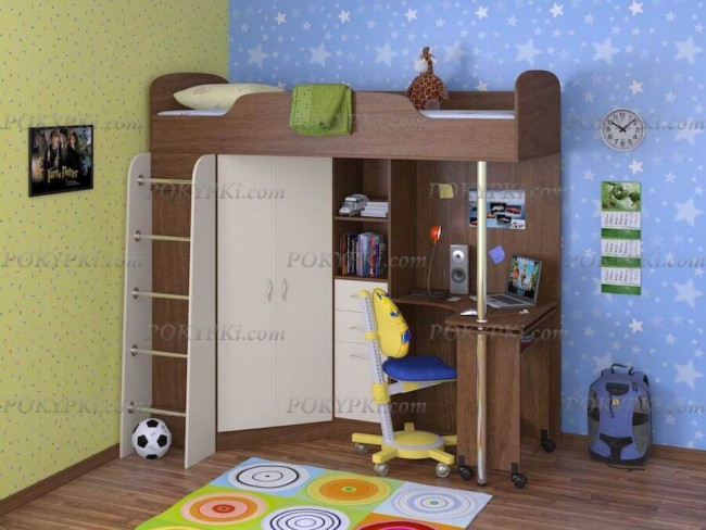 Кровать чердак с рабочей зоной и шкафом Теремок 1