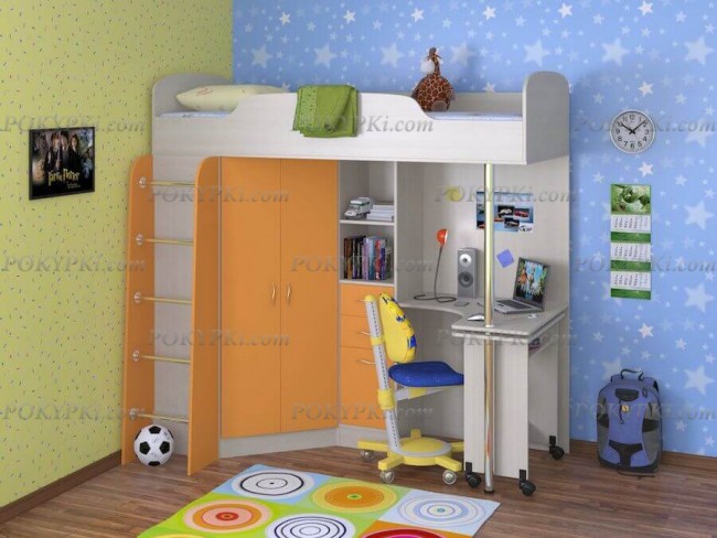 Кровать чердак с рабочей зоной и шкафом Теремок 1