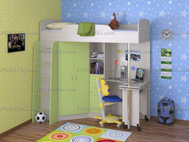 Кровать чердак с рабочей зоной и шкафом Теремок 1