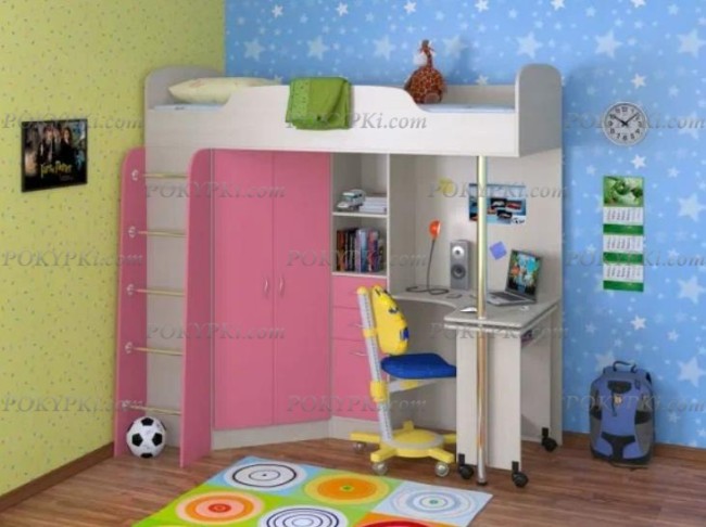 Кровать чердак с рабочей зоной и шкафом Теремок 1