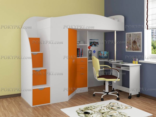 Кровать-чердак с рабочей зоной и шкафом Теремок-1 Гранд