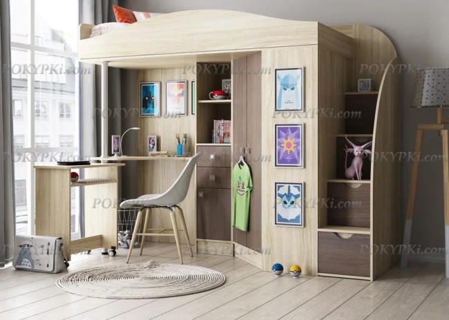 Кровать-чердак с рабочей зоной и шкафом Теремок-1 Гранд