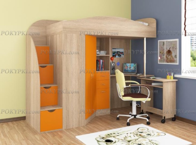 Кровать-чердак с рабочей зоной и шкафом Теремок-1 Гранд