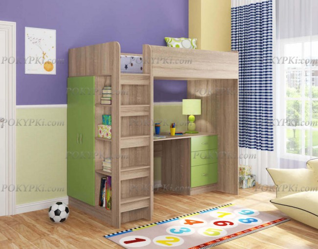 Кровать-чердак Теремок-3-дуб сонома