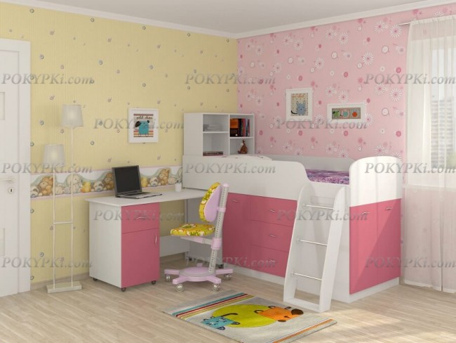 Кровать чердак с письменным столом и шкафом Дюймовочка 1