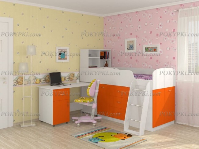 Кровать чердак с письменным столом и шкафом Дюймовочка 1