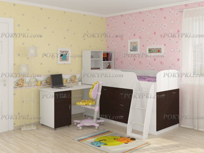 Кровать чердак с письменным столом и шкафом Дюймовочка 1