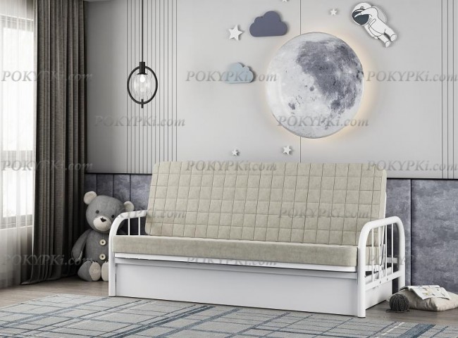 Металлическая диван- кровать Мадлен 4 в бежевом велюровом чехле с ящиком Металлическая диван- кровать Мадлен 4 в бежевом велюровом чехле с ящиком